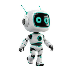 A friendly, cartoonish robot is depicted walking, showcasing its detailed design