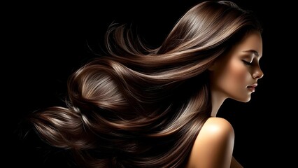 Naklejka premium A profile view of a woman with long, flowing hair against a black background, highlighting the movement and shine of her hair. Concept Profile Portrait, Flowing Hair, Black Background