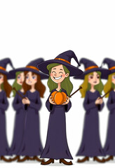 Cartoon Witches Holding Pumpkins and Wands for Halloween Celebration