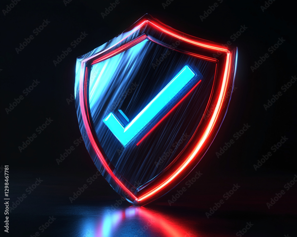Poster 3d rendered neon shield with a check mark glowing in blue and red colors, representing protection, s
