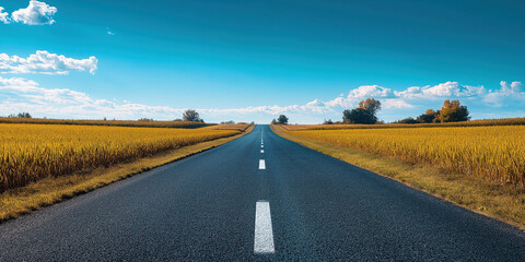 Naklejka premium Corn field skyline with clear blue sky. in the middle there is an asphalt road with white markings. Beautiful landscape, desert. Summer day