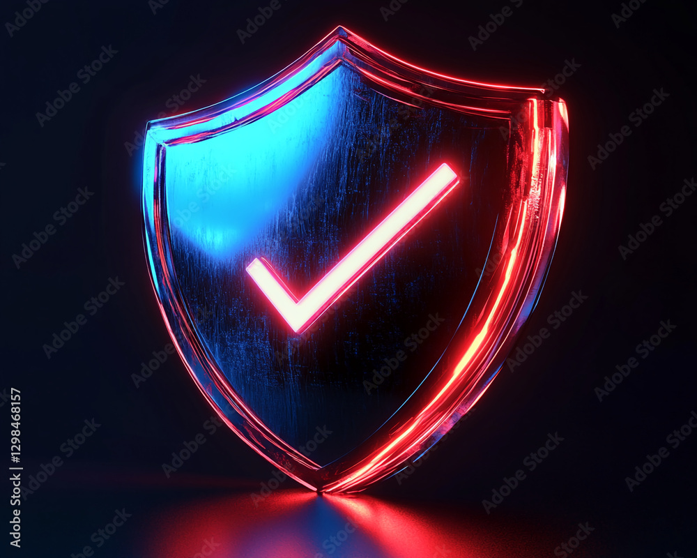 Poster 3d rendered neon shield with a glowing check mark in blue and red, symbolizing protection, security,