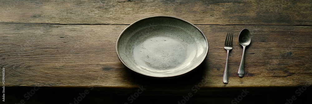 Poster rustic tabletop setting with a simple dish and cutlery ready for a meal at a cozy dining space. gene