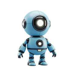 A friendly, light-blue robot character with glowing eyes and detailed metallic design