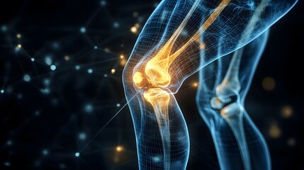 Digital illustration showing human knee anatomy and skeletal structure