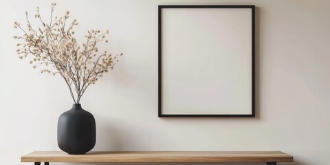 Fototapeta premium A vase of flowers sits on a shelf next to a picture frame