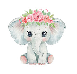 Cute hand drawn watercolor elephant with floral crown sitting happily