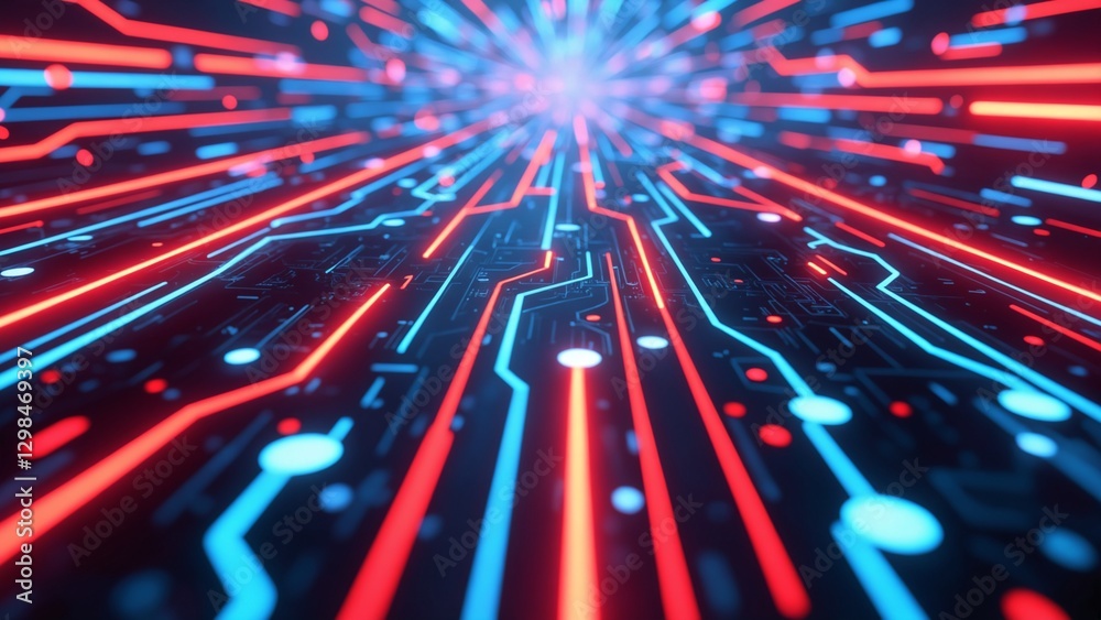 Poster abstract digital lines and circuits in bright neon colors against a dark background, suggesting inno