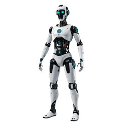 A full shot of a sophisticated white robot, with visible mechanical details and glowing blue accents