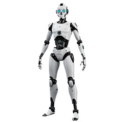 A full shot of a futuristic, white and black robot, standing on a transparent background