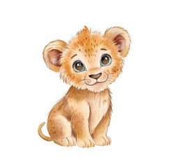 Cute hand drawn watercolor illustration of a playful baby lion with big eyes sitting on a plain background
