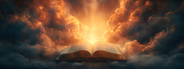 An open Bible with rays of light shining down on it, the background is dark and cloudy
