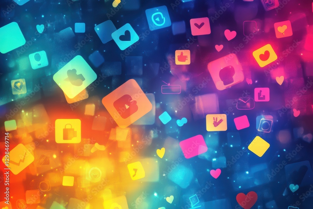 Poster Colorful digital icons representing social media platforms and interaction symbols in a vibrant background. Generative AI