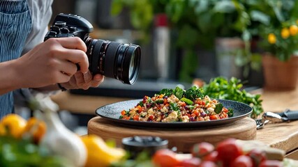 A food blogger photographing a colorful vegan dish in natural lighting.