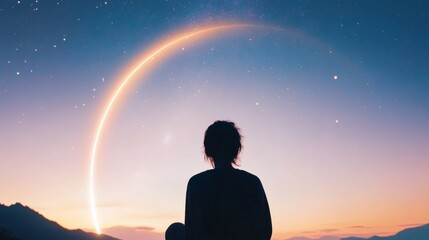 Stargazer enjoying a serene twilight moment under a celestial arc in a tranquil setting