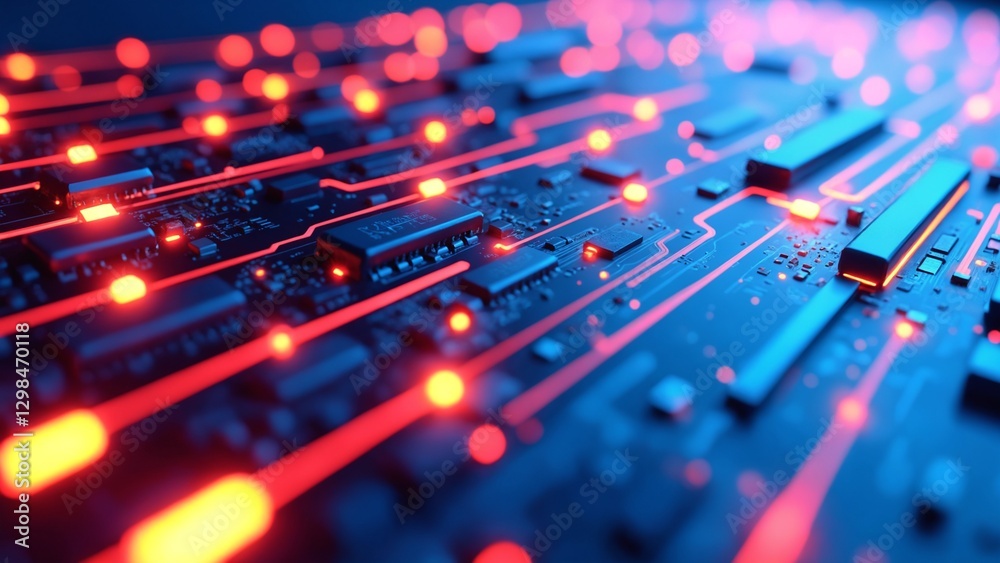 Poster abstract digital lines and circuits in bright neon colors against a dark background, suggesting inno