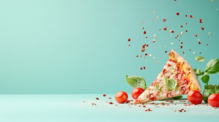 Pizza Delight: Captivating shot of a perfect pizza slice with basil and tomatoes over a teal background, capturing the mouthwatering essence of this favorite dish