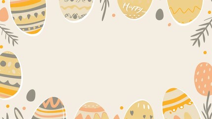 Easter card with beige egg border, "Happy Easter" text, flat cute design, pastel colors, high res, no shadows, no gradients, no blur.