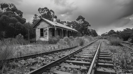 Abandoned train station surrounded by overgrown grass and trees, with stormy skies in the background