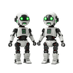 This image features two identical, friendly-looking white robots, with glowing green eyes, standing side-by-side, poised to interact