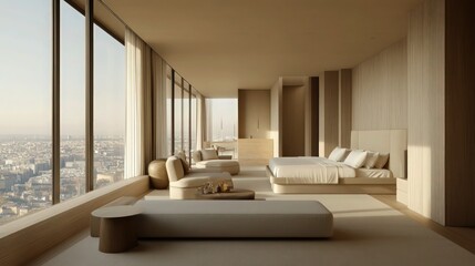 Luxurious minimalist penthouse interior, floor-to-ceiling windows, panoramic city view, neutral tones, spacious living room, low profile furniture, warm lighting, architectural rendering