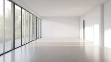Fototapeta premium Minimalist empty interior, floor-to-ceiling windows, bright natural light, white walls, polished concrete floor, modern architecture, open space, clean lines, panoramic view, urban loft