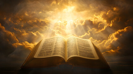 An open Bible with rays of light shining down on it, the background is dark and cloudy
