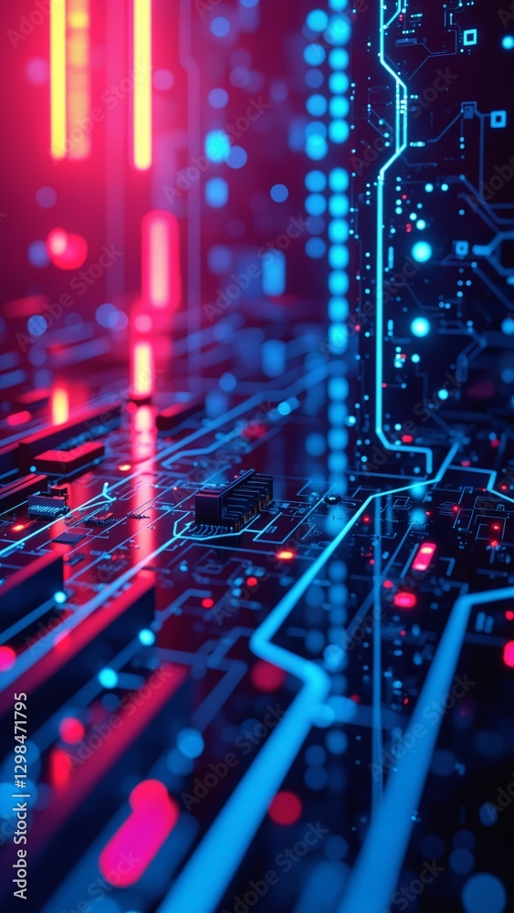 Poster abstract digital lines and circuits in bright neon colors against a dark background, suggesting inno
