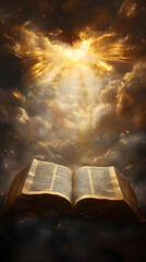 Fototapeta premium An open Bible with rays of light shining down on it, the background is dark and cloudy 