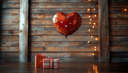 A minimalist Valentinea??s Day setup with a heart-shaped balloon floating in front of a wooden wall, with a gift box and string lights adding a cheerful touch.