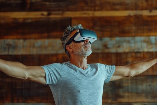 A middle-aged man experiences immersive virtual reality, arms outstretched in awe and wonder.