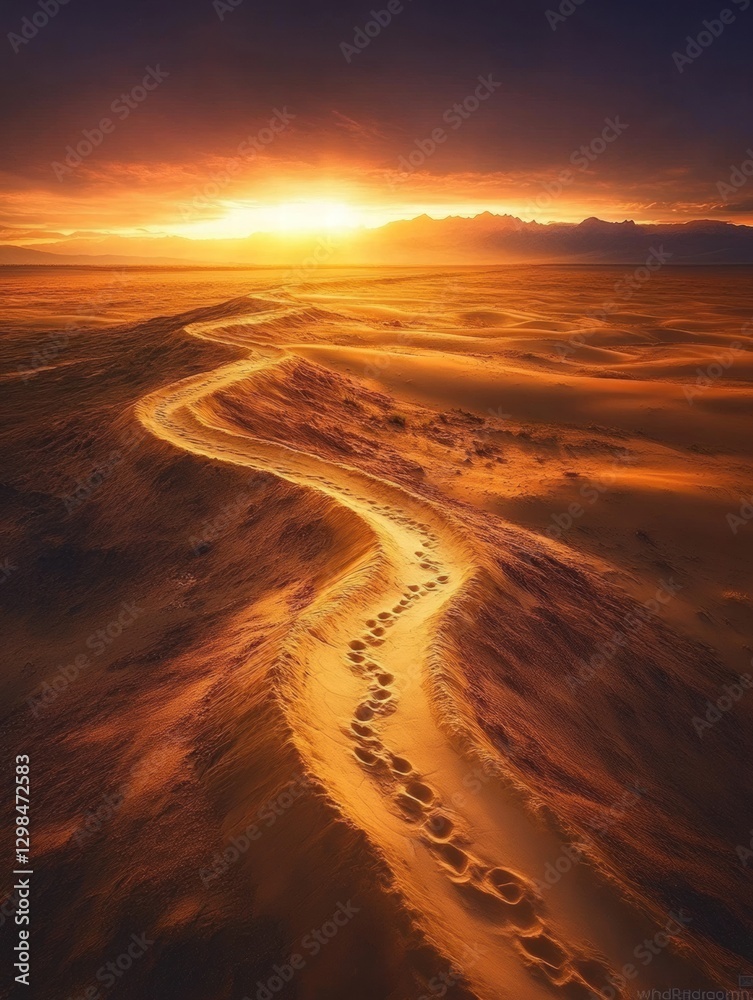 Aufkleber footprints lead into the sunset on a winding desert path with vibrant colors and dramatic sky. gener