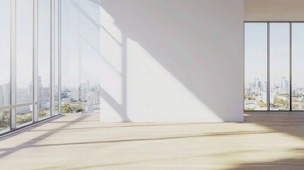 Bright minimalist interior, floor-to-ceiling windows, panoramic city view, sunlight streaming in, empty room, light wood flooring, white walls, modern architecture, clean lines, spacious,