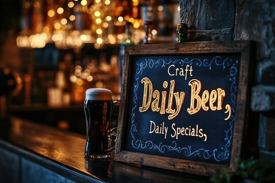 Craft beer pub with daily specials, a pint of dark beer on the counter.