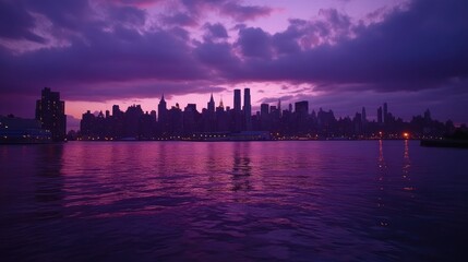 Fototapeta premium Purple Cityscape at Dusk: A Stunning View of Midtown Manhattan Skyline Reflected in the Calm Waters