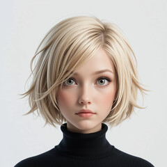 Blonde Woman Short Bob Haircut Black Turtleneck Studio Portrait
