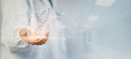 AI Medical Scientists Analyzing DNA and Molecules, Advanced Healthcare Technology, Biological...