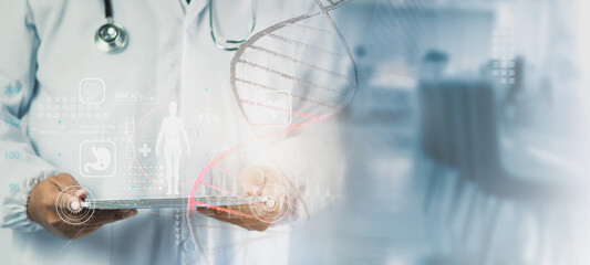 AI Medical Scientists Analyzing DNA and Molecules, Advanced Healthcare Technology, Biological...