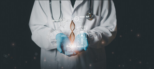 Healthcare scientists researching DNA, molecular medicine, and biotechnology. AI-driven genetic...