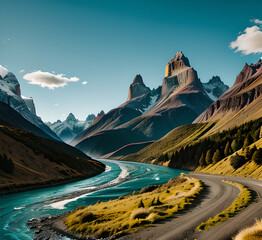 The lush meadows of Pahalgam in Kashmir, with a crystal-clear river flowing through and the majestic Himalayas in the background.generative ai