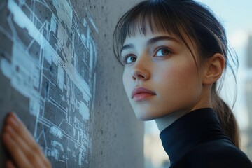 A young woman examines a futuristic, translucent digital map projected onto a wall.