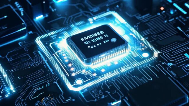 Tech's Core: Macro view of a computer processor showcasing the intricate design and cutting-edge technology, with mesmerizing blue light effects.