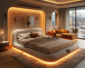 A minimalistic smart bed with adjustable firmness and built-in climate control features, set in a cozy bedroom.