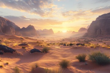 Naklejka premium Sunrise over the serene desert landscape with distant mountains and soft clouds