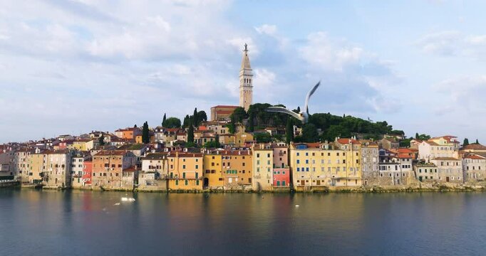 Historic Old Coastal Town Of Rovinj On The Adriatic Sea In Croatia. Aerial, Pull-Back Shot