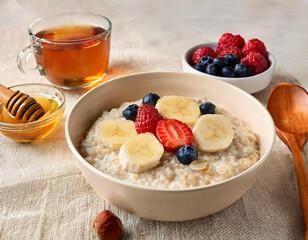 Bol de porridge cr&eacute;meux aux flocons d&rsquo;avoine, garni de fruits frais et accompagn&eacute; de miel