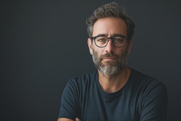 Obraz premium Middle-aged Caucasian man with glasses and a beard, exuding confidence against a dark background.