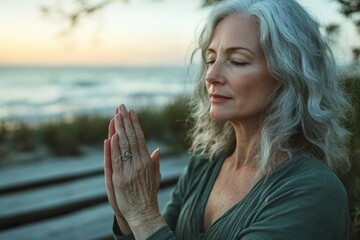 Serene senior woman meditates by the ocean at sunset, finding peace and tranquility.