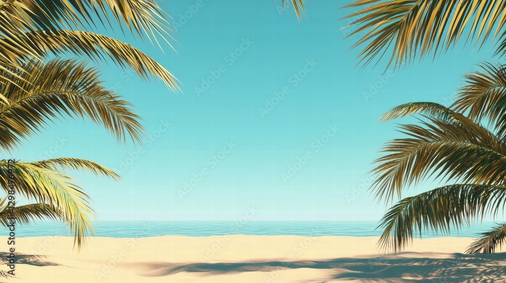 Poster sunny beach view framed by palm trees with calm ocean waters in clear blue skies during midday. gene