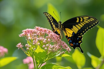 Yellow and black butterfly on pink flower.
